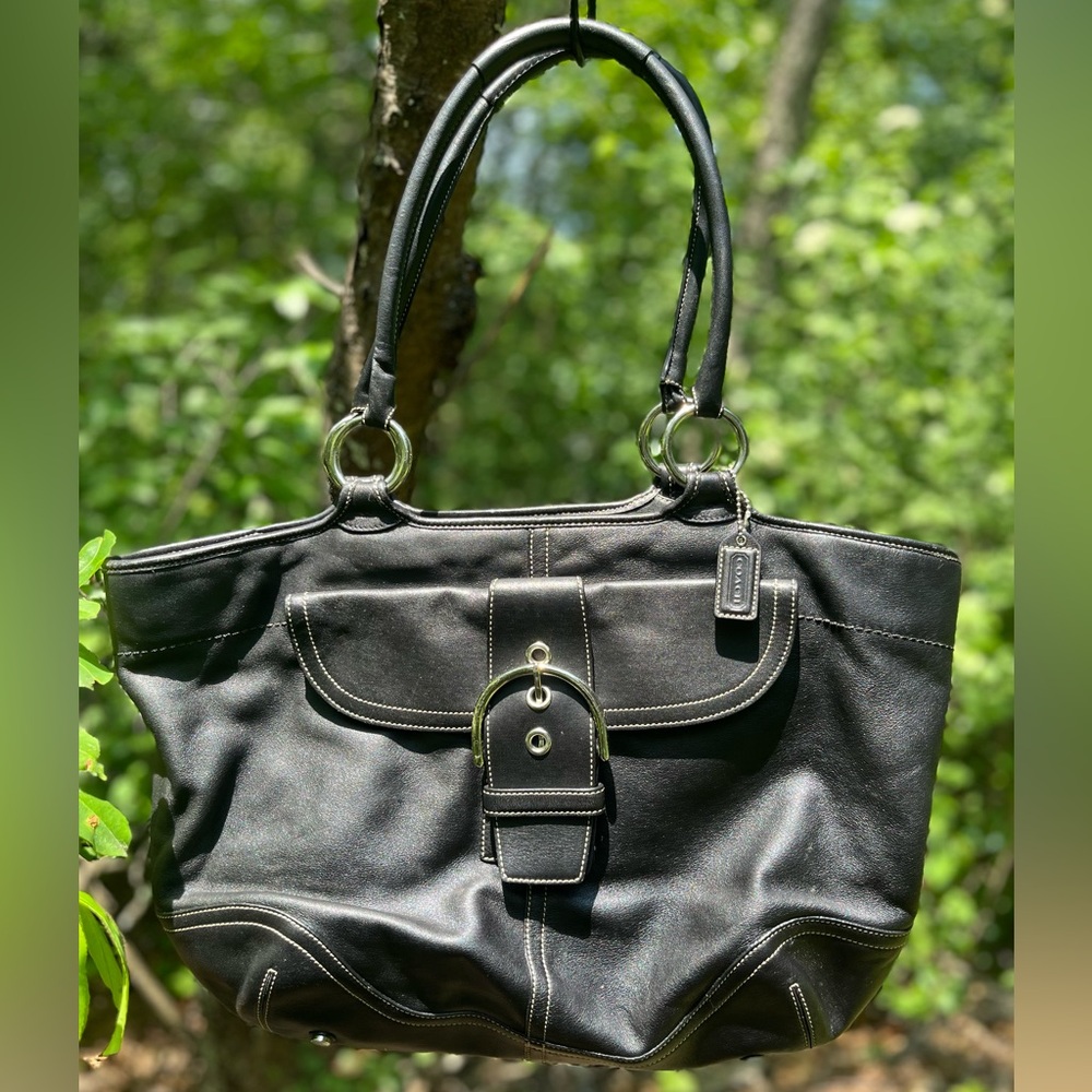 Coach Y2K Bacardi Black Leather Tote – Large Shoulder Bag with Silver Buckle